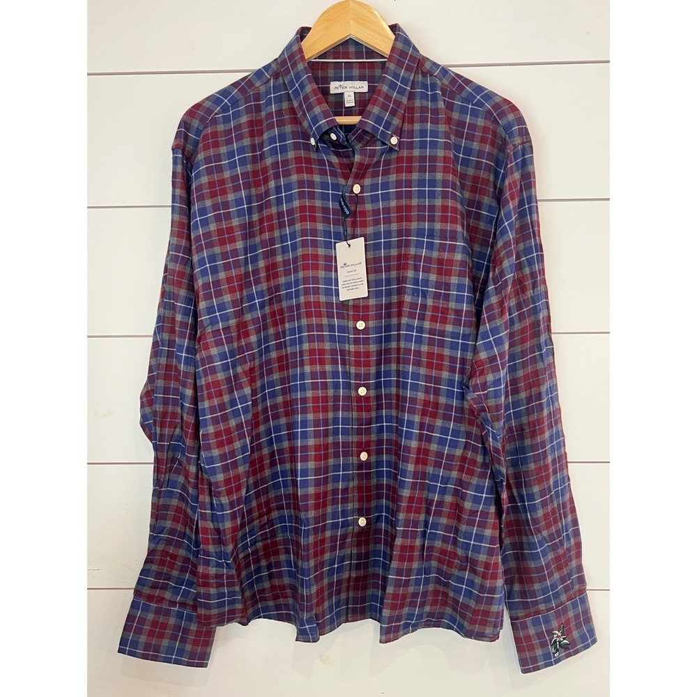 NWT Peter Millar Autumn Soft Plaid Cotton Button Down Shirt Mens XL Burgundy